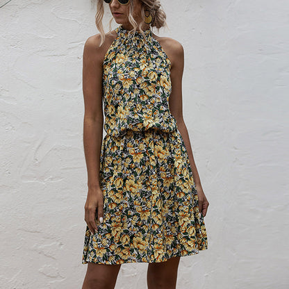 Damen Sommerkleid Blumenmuster Elastisch Hochkragen