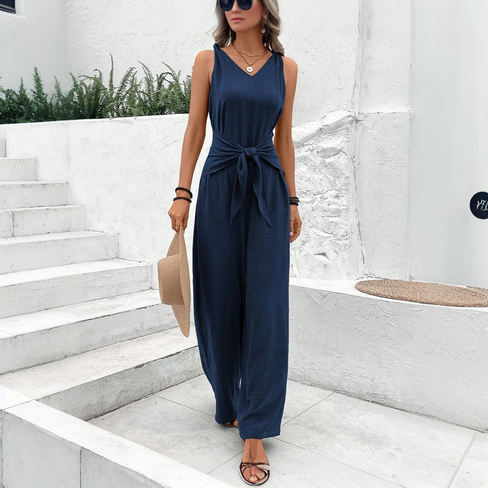 Damen Jumpsuit Gürteldetail V-Ausschnitt Eveloria - Eveloria