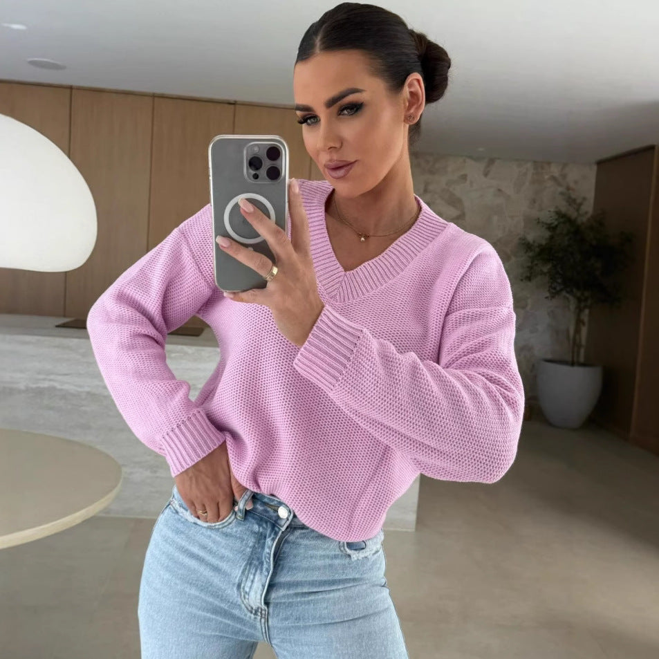 Damen Strickpullover V-Ausschnitt Strukturiert Anthrazit Eveloria - Eveloria