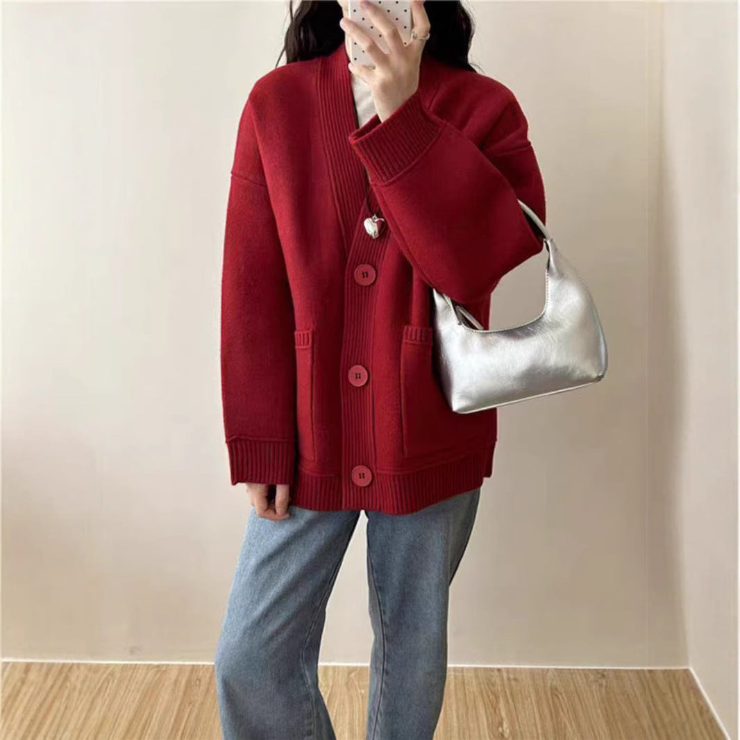 Damen Strickjacke V-Ausschnitt mit Taschen