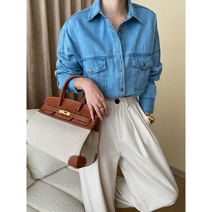 Damen Denim-Hemdjacke Lässig Blau - Eveloria
