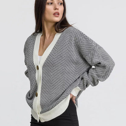 Damen Strickcardigan Chevron Muster Elegante Knöpfe