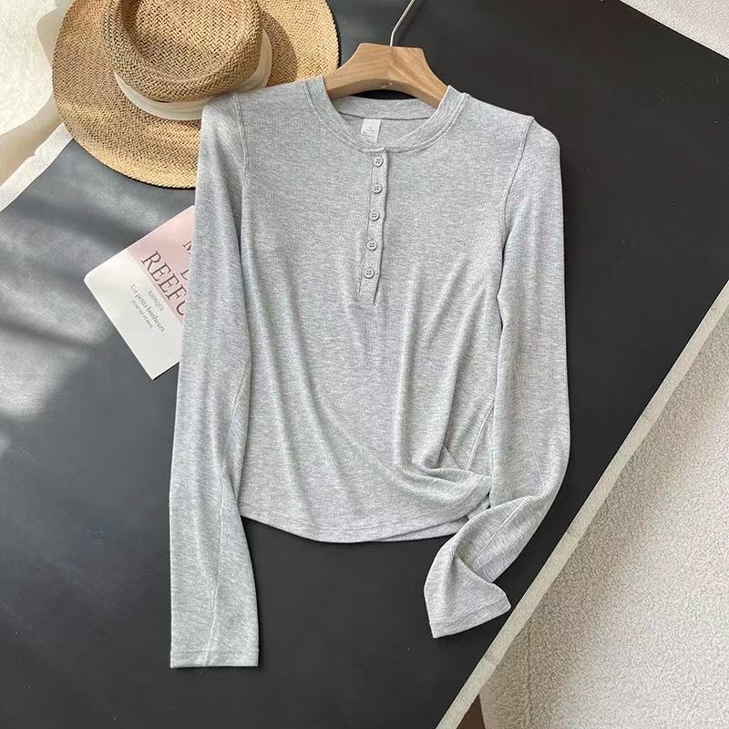 Damen Langarmshirt Baumwollmix Weich Knöpfe Eveloria