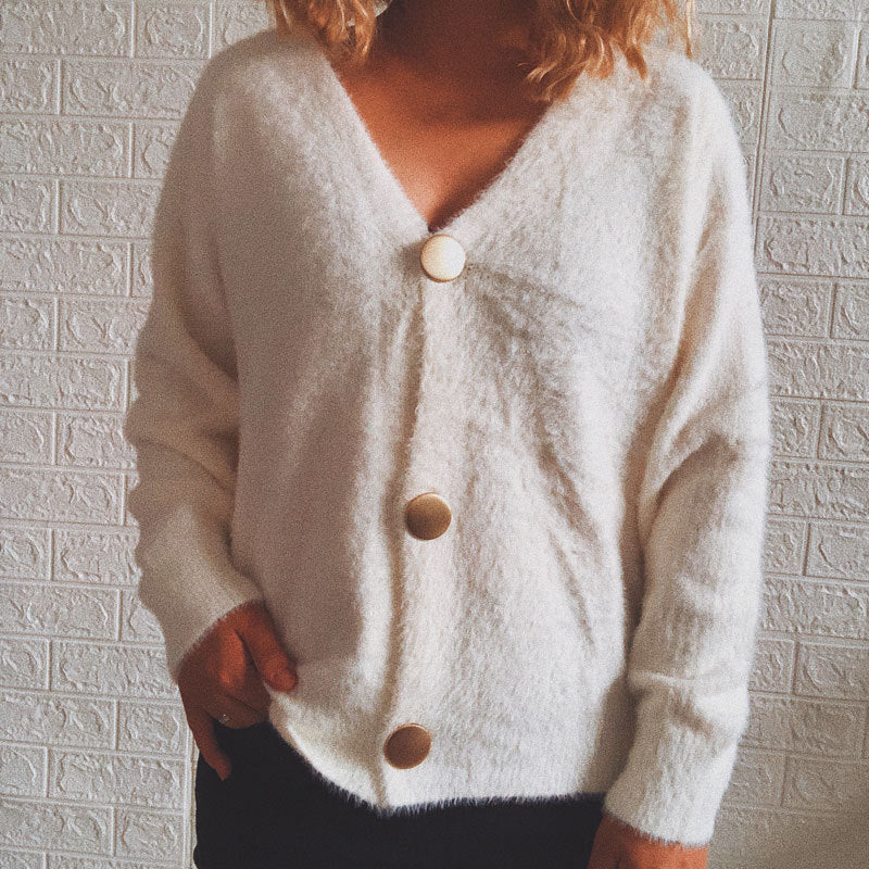 Damen Oversize Strickjacke Große Knöpfe Kuschelig Beige