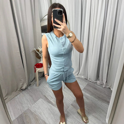 Damen Kurzoverall Set Knopfverschluss Verstellbar Schwarz - Eveloria