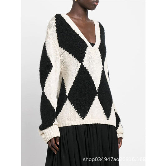 Damen Strickpullover V-Ausschnitt Zickzackmuster Schwarz - Eveloria