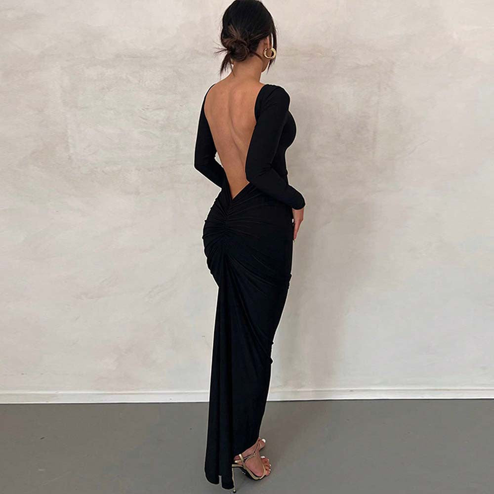 Damen Maxikleid Elegante Rückenöffnung Figurbetont Schwarz - Eveloria