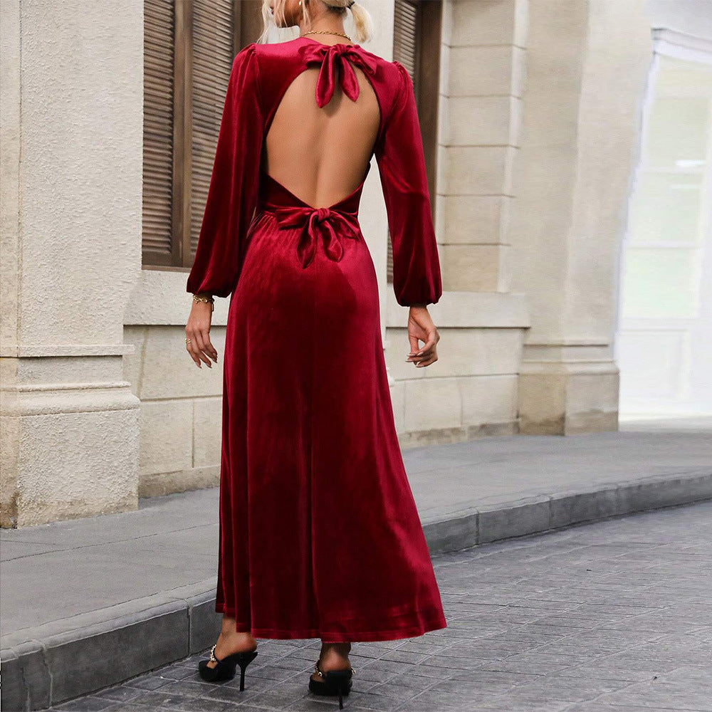 Damen Abendkleid Velour Längsärmig Schwingrock Eveloria