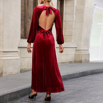 Damen Abendkleid Velour Längsärmig Schwingrock Eveloria