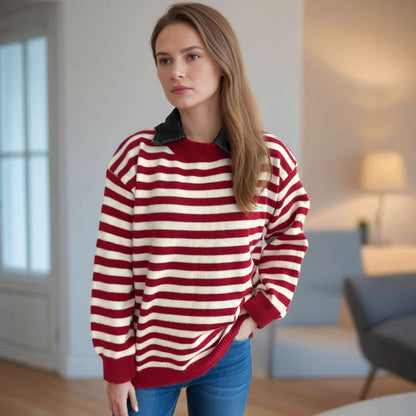 Damen Oversized Pullover Streifenmuster Lässig Beige