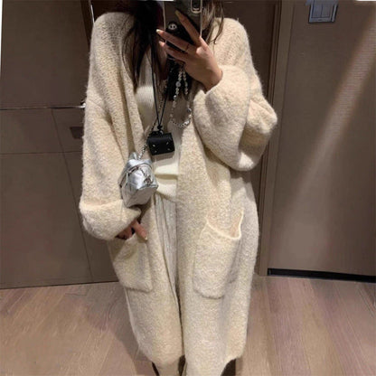 Damen Strickjacke Fluffig Weite Passform Große Taschen Beige