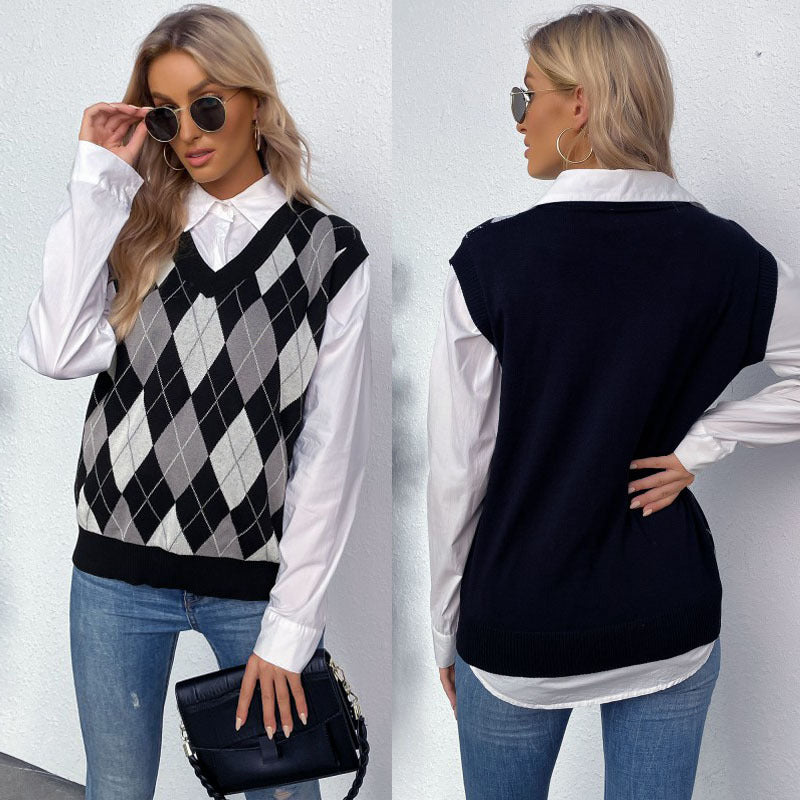 Damen Ärmelloser Pullover Rautenmuster V-Ausschnitt Eveloria