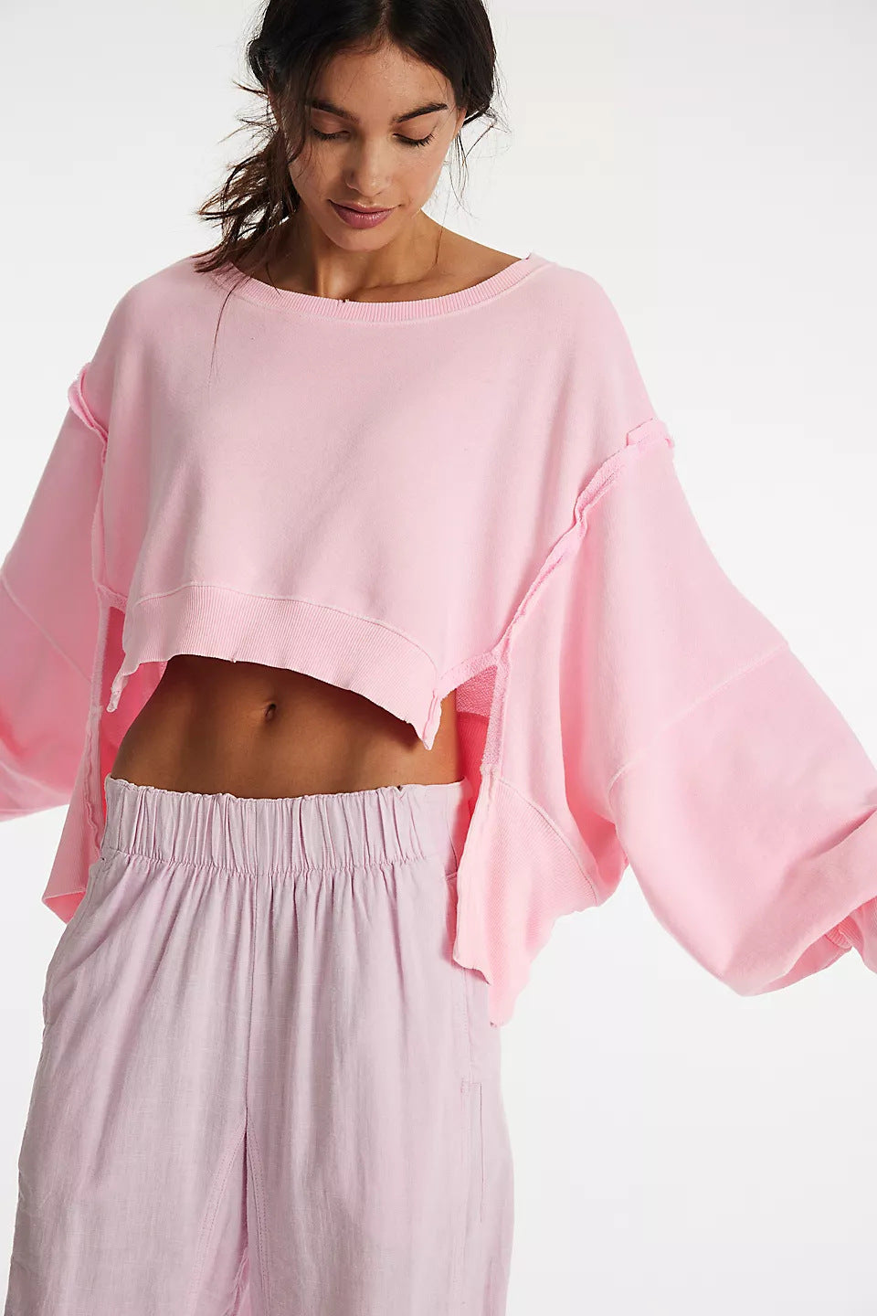 Damen Cropped Sweatpullover Weite Ärmel Grau Eveloria