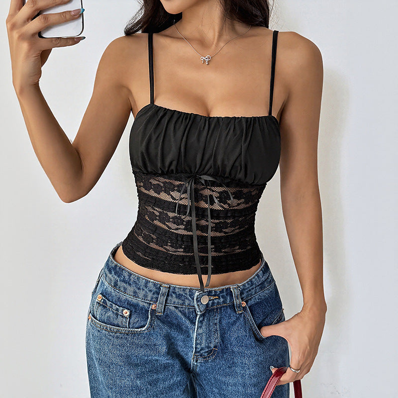 Damen Cropped Elastisch Rüschen Details Schwarz - Eveloria