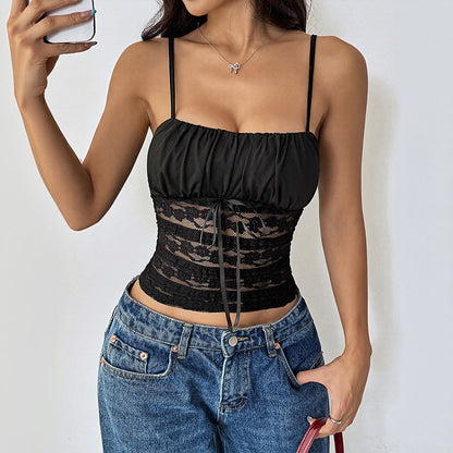 Damen Cropped Elastisch Rüschen Details Schwarz - Eveloria