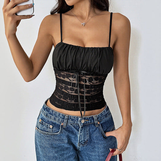 Damen Cropped Elastisch Rüschen Details Schwarz - Eveloria
