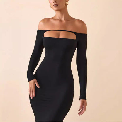 Damen Langarmkleid Figurbetont Cut-Out-Design Schulterfrei
