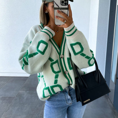 Damen Cardigan Grobstrick Kontrastmuster Eveloria