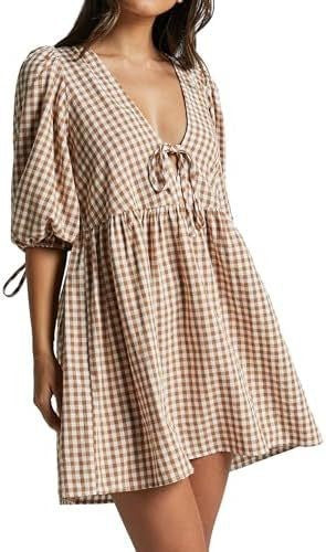 Damen Freizeitkleid V-Ausschnitt Puffärmel Eveloria