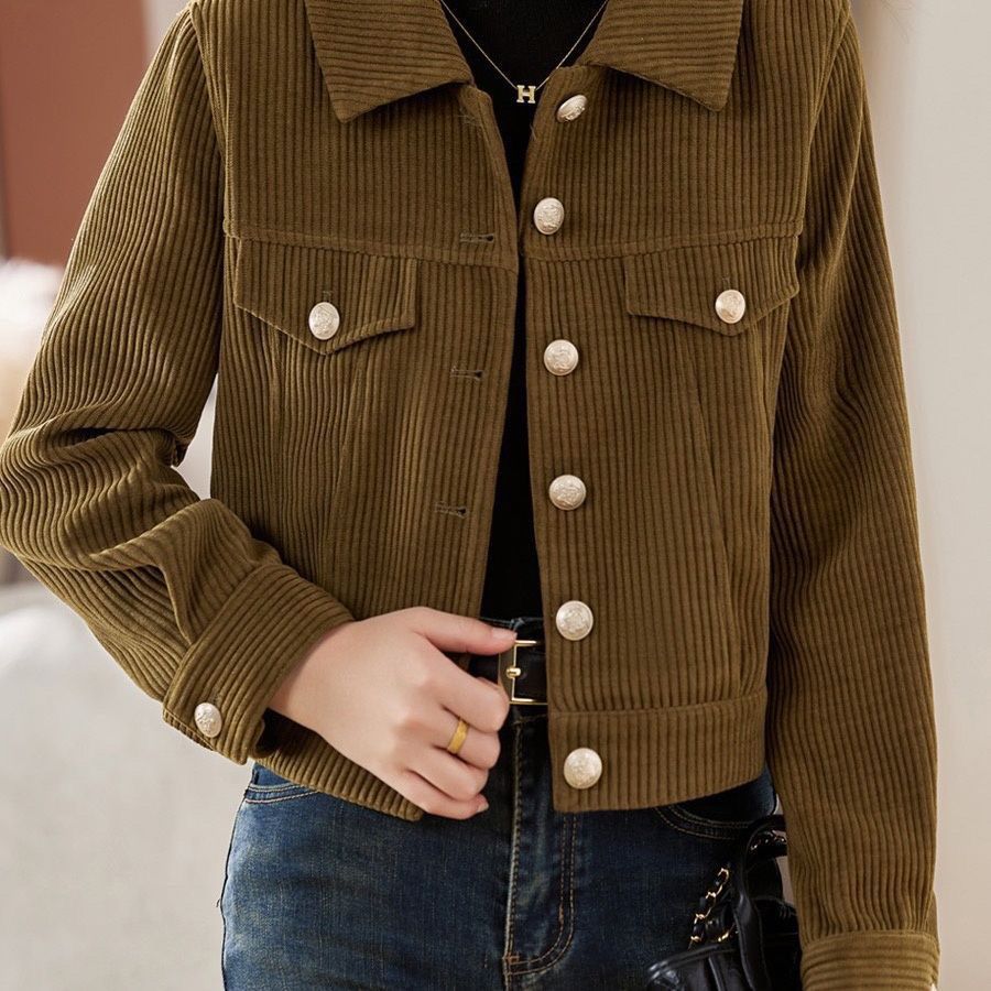Damen Kordjacke Dekorative Knöpfe Braun Eveloria