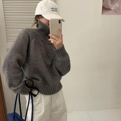 Damen Strickpullover Mit Reißverschluss Hoch Kragen Beige
