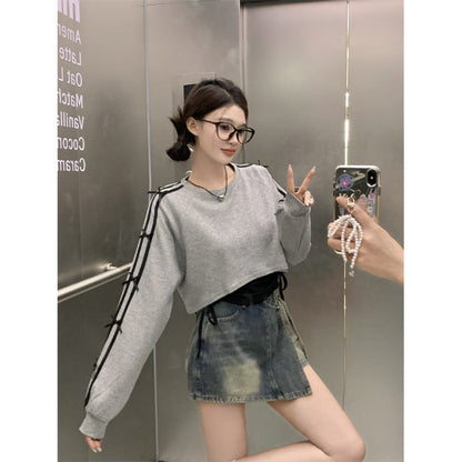 Damen Sweatshirt Cropped mit Schnürung Beige