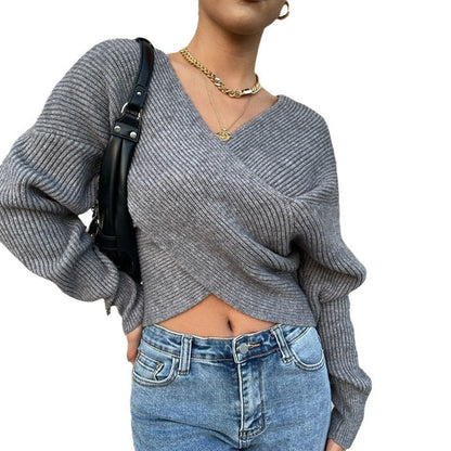 Damen Wickelpullover Modernes Strukturdesign Eveloria