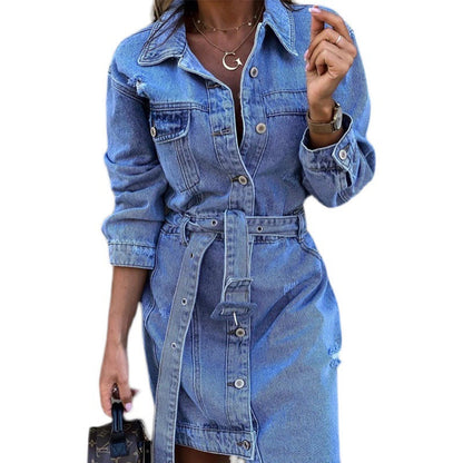 Damen Jeanskleid mit Gürtel und Knöpfen Tailliert Blau Eveloria
