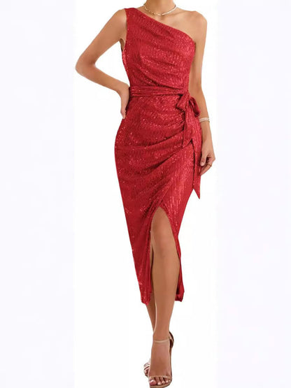 Damen Abendkleid Wickeldesign Einerschulter Eveloria