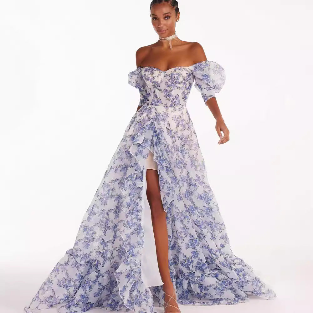 Damen Maxikleid Schulterfrei Florale Rüschendetails Eveloria - Eveloria