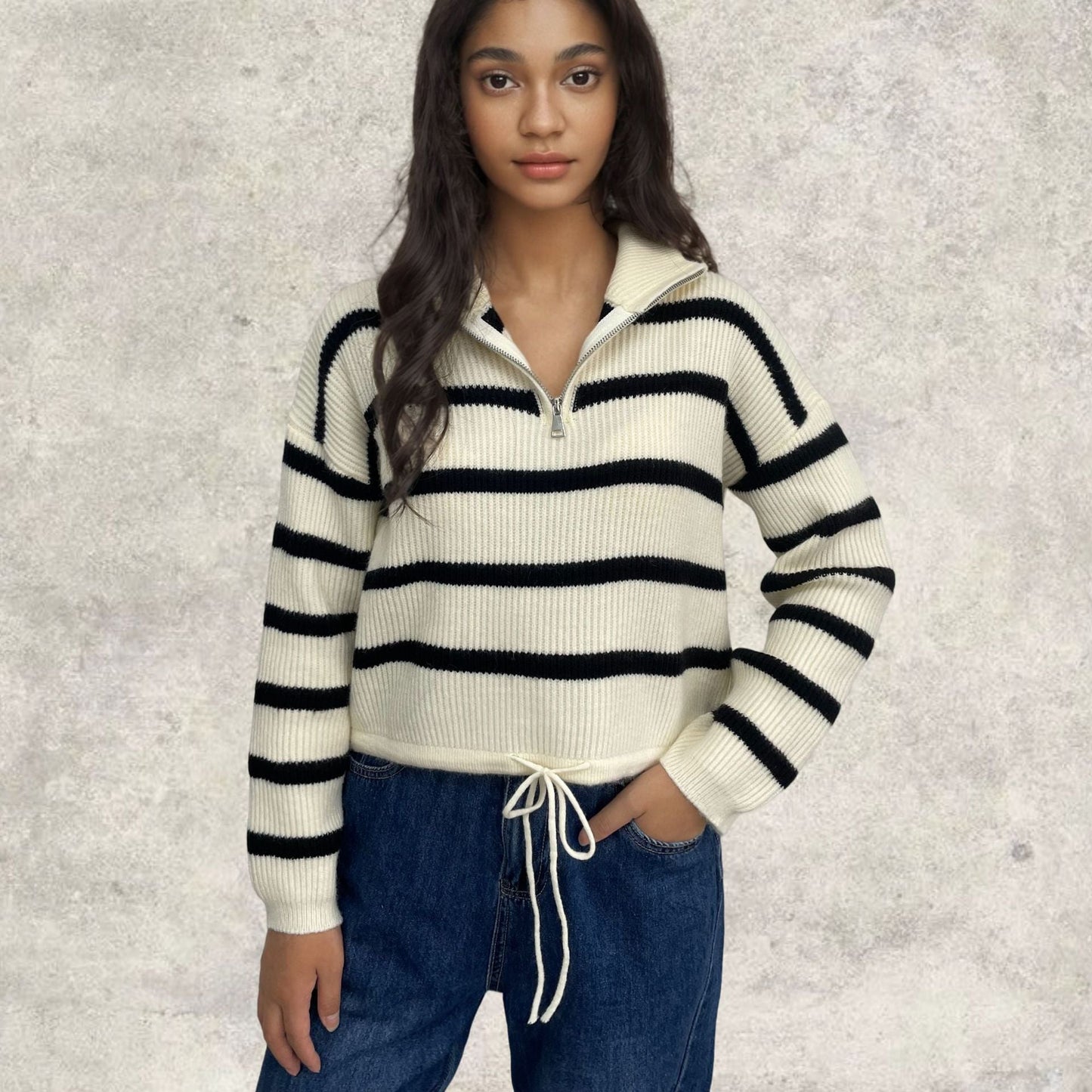 Damen Strickpullover Tailliert Zip-Kragen Eveloria