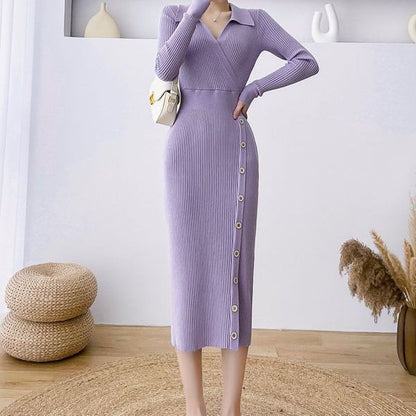 Damen Strickkleid Wickeloptik Knöpfe Eveloria