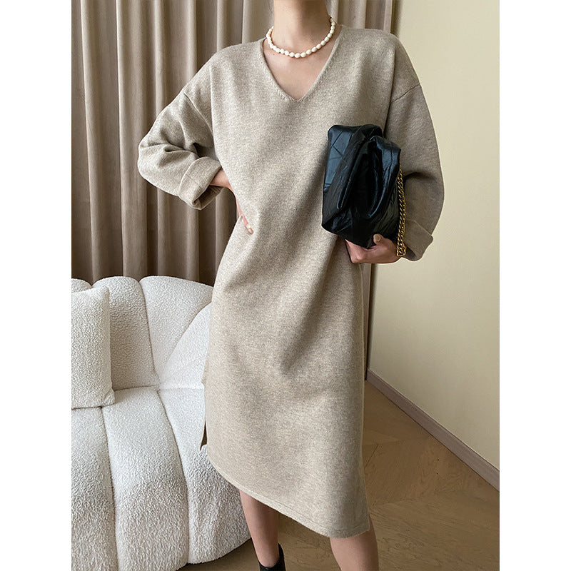 Damen Strickkleid V-Ausschnitt Ärmelaufschläge Elegant