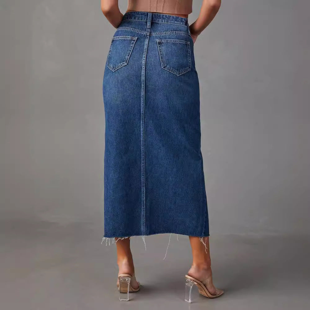Damen Bleistiftkleid Jeans Hochgeschnitten Seitlichem Schlitz Blau