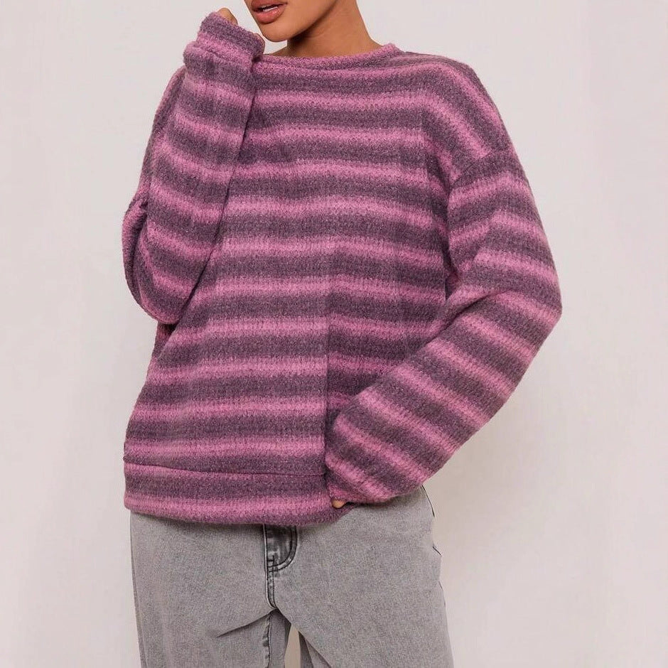 Damen Strickpullover Kuschelfleece Streifenmuster Beige