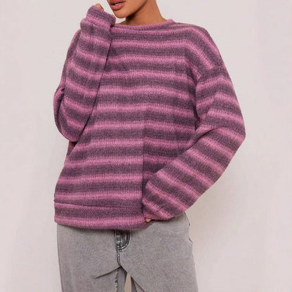 Damen Strickpullover Kuschelfleece Streifenmuster Beige