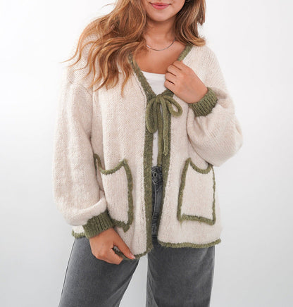Damen Strickjacke Lässig Kordelzug Elegante Taschen Beige