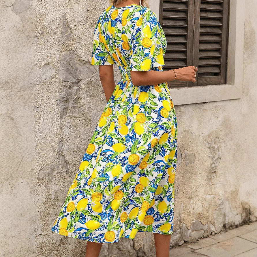 Damen Maxikleid Fruchtig Muster Elegante Taillierung
