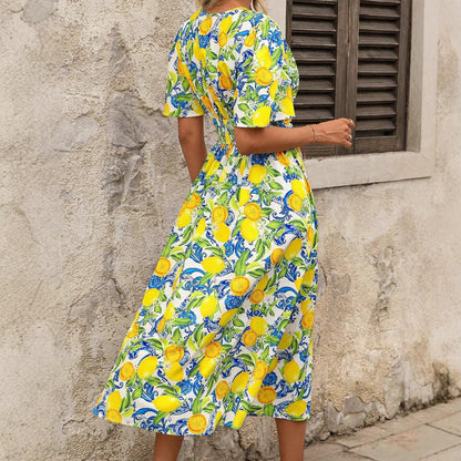 Damen Maxikleid Fruchtig Muster Elegante Taillierung