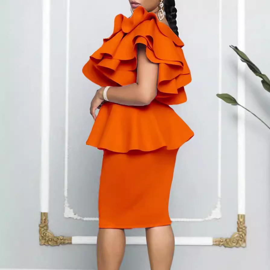 Damen Peplum-Kleid Figurnah Asymmetrischer Ausschnitt Rüschen
