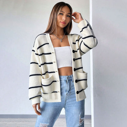Damen Strickjacke Längsärmelig Klassische Streifen