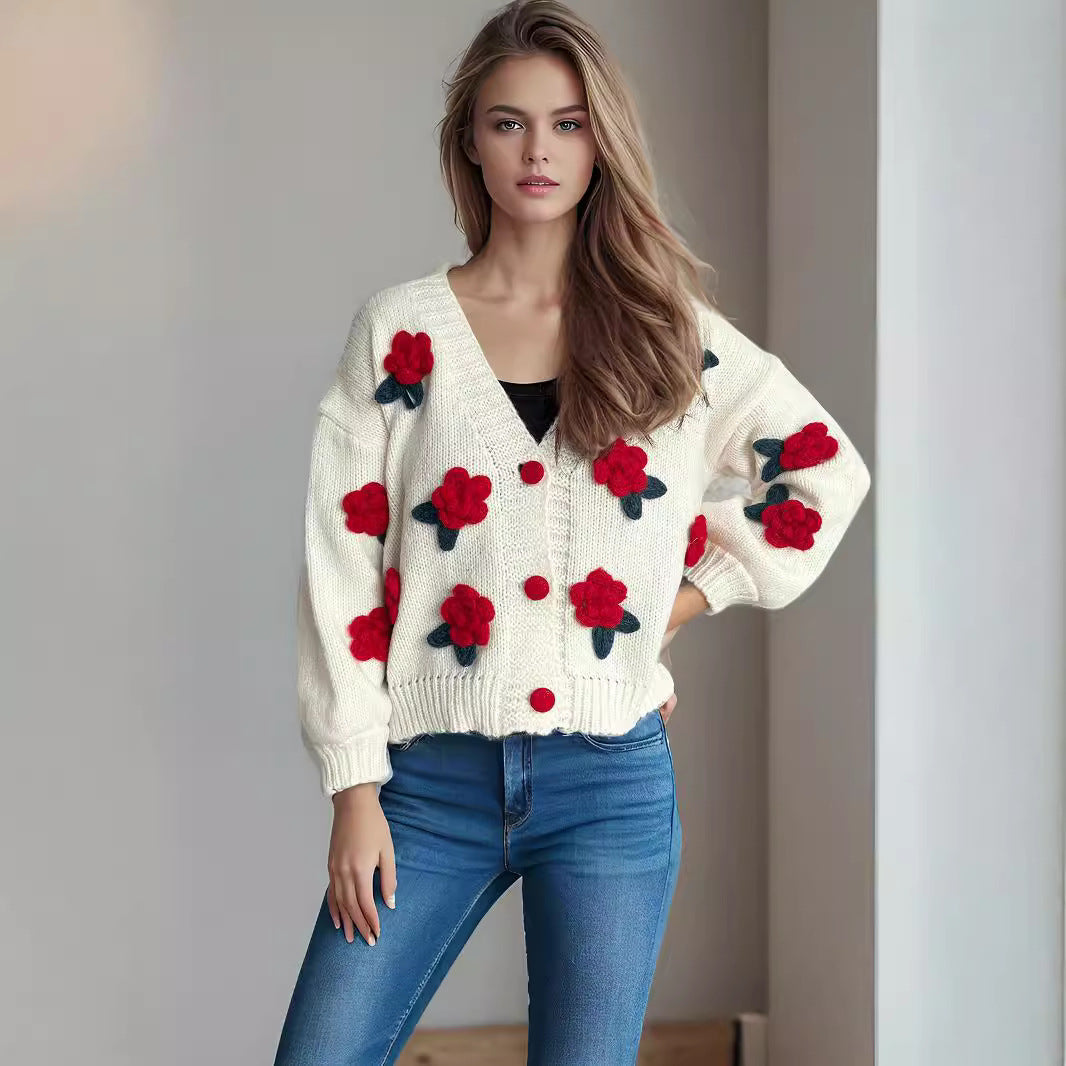 Damen Strickjacke Florales 3D-Design Große Knöpfe