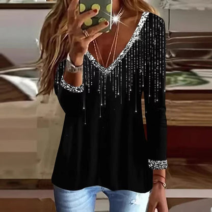 Damen Bluse V-Ausschnitt Glitzernd Langer Ärmel Eveloria