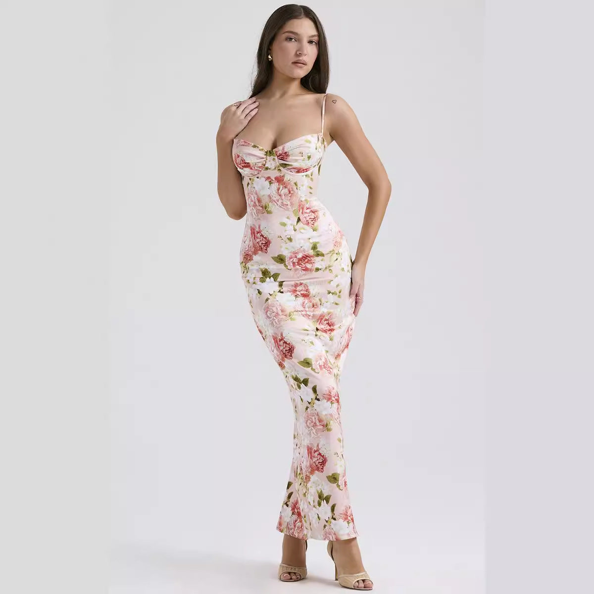 Damen Maxikleid Floral Design Spaghettiträger Eveloria
