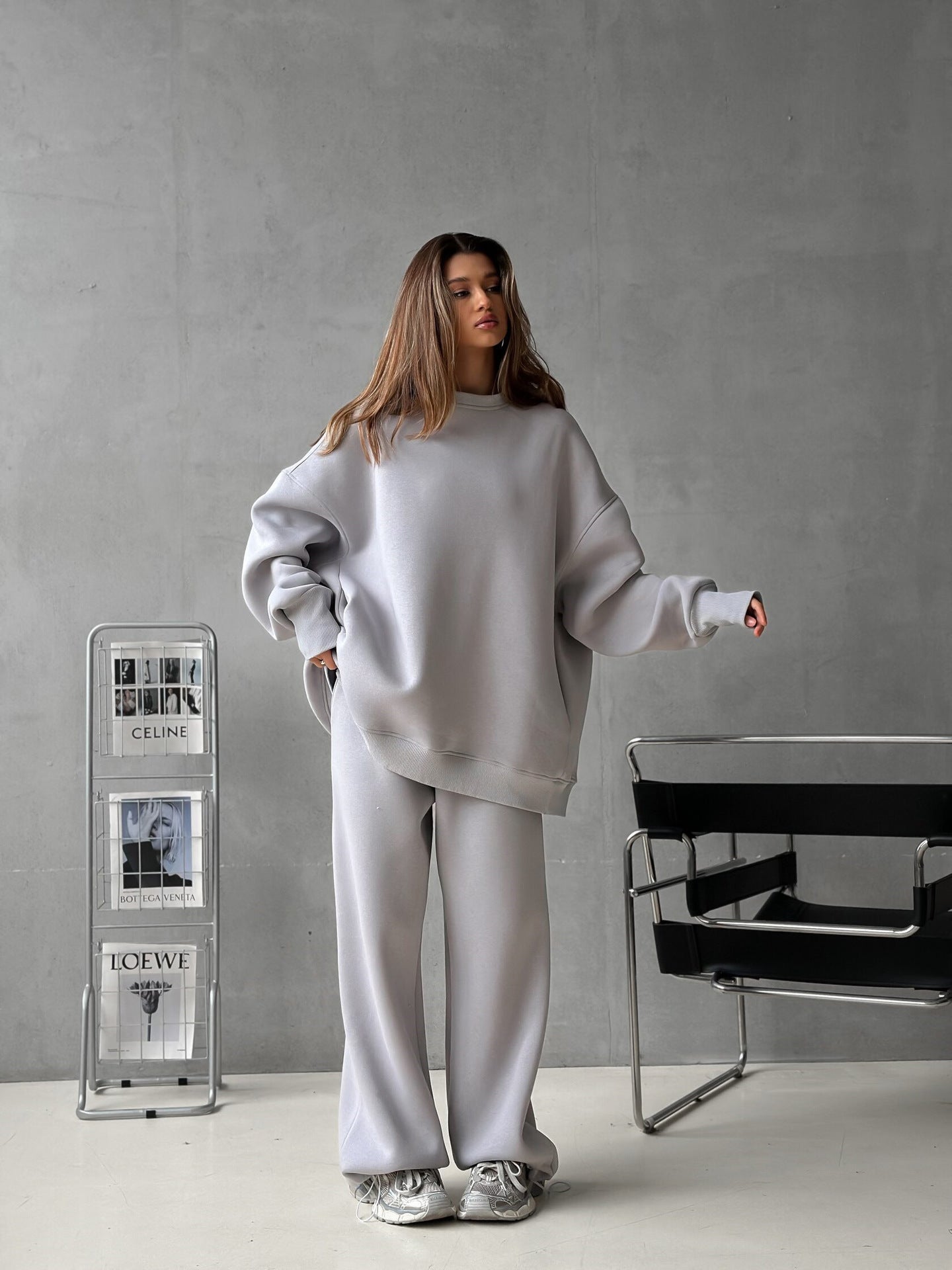 Damen Oversized Sweatshirt Jogginghose Set Grau Eveloria