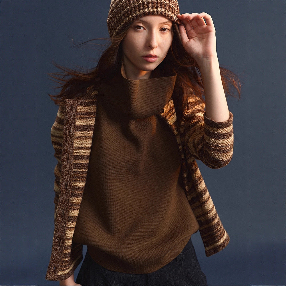 Damen Strickweste Lässig Hochgeschlagener Kragen Beige