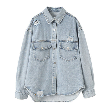 Damen Jeansjacke Used Look Große Taschen Eveloria