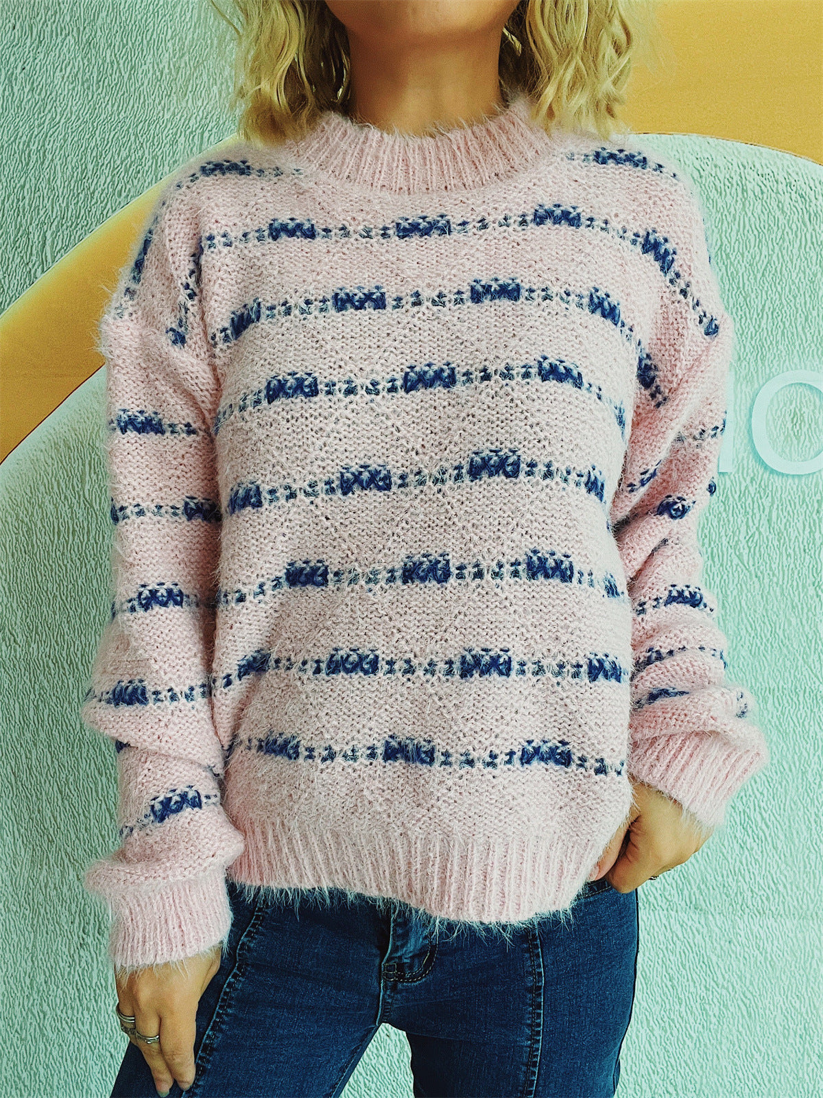 Damen Strickpullover Weich Streifenmuster Eveloria