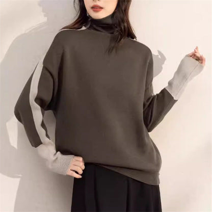 Damen Rollkragenpullover Lässig Kontrastärmel Eveloria