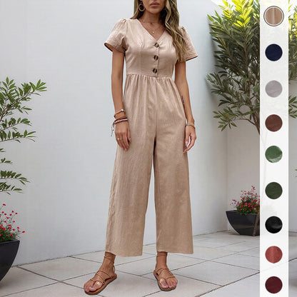 Damen Jumpsuit Knopfdetails Weite Beine Eveloria - Eveloria